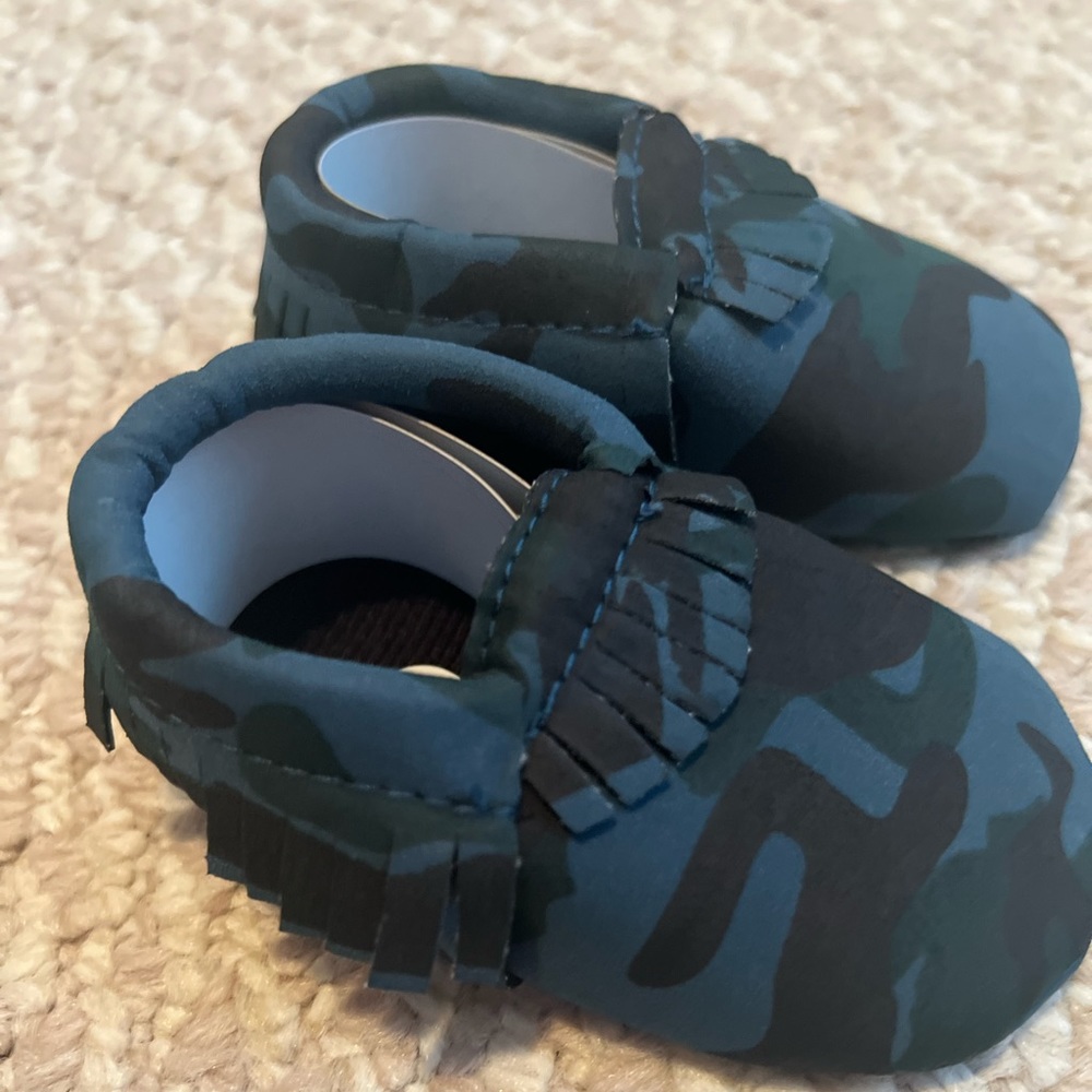 Baby boys blue camouflage slip on shoes